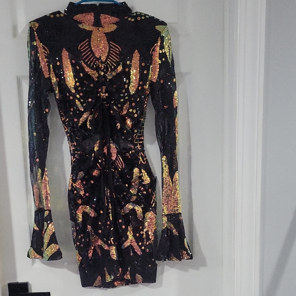 Black and Gold Bodycon Dress with Bell Sleeves
